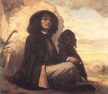 ギュスターヴ・クールベ Painting - 黒い犬を飼うクールベの自画像 写実主義の画家ギュスターヴ・クールベ